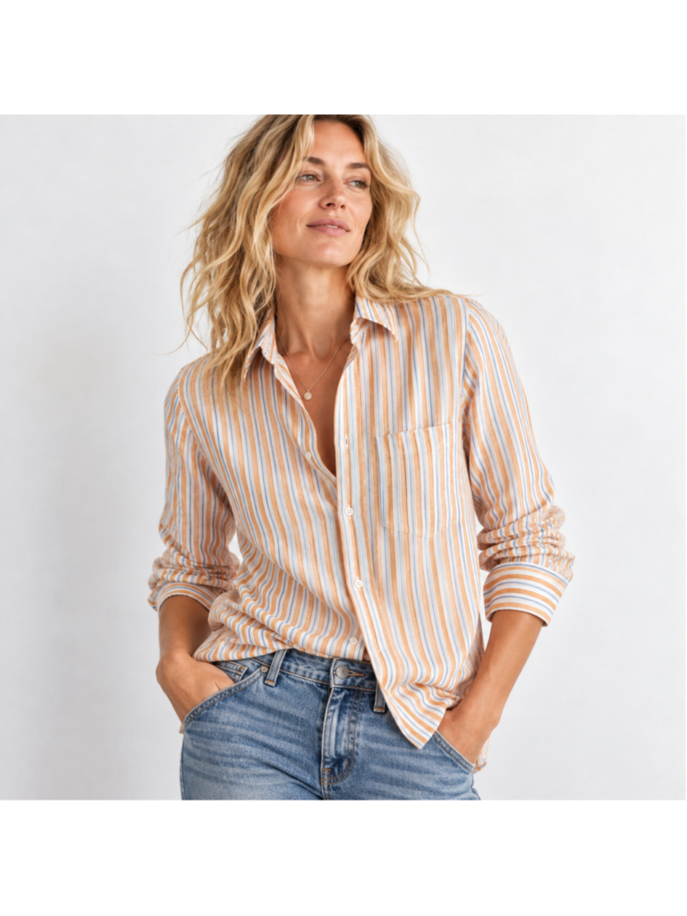 Frank & Eileen 100% Italian Linen Orange Blue Stripe Eileen Button Down Shirt S